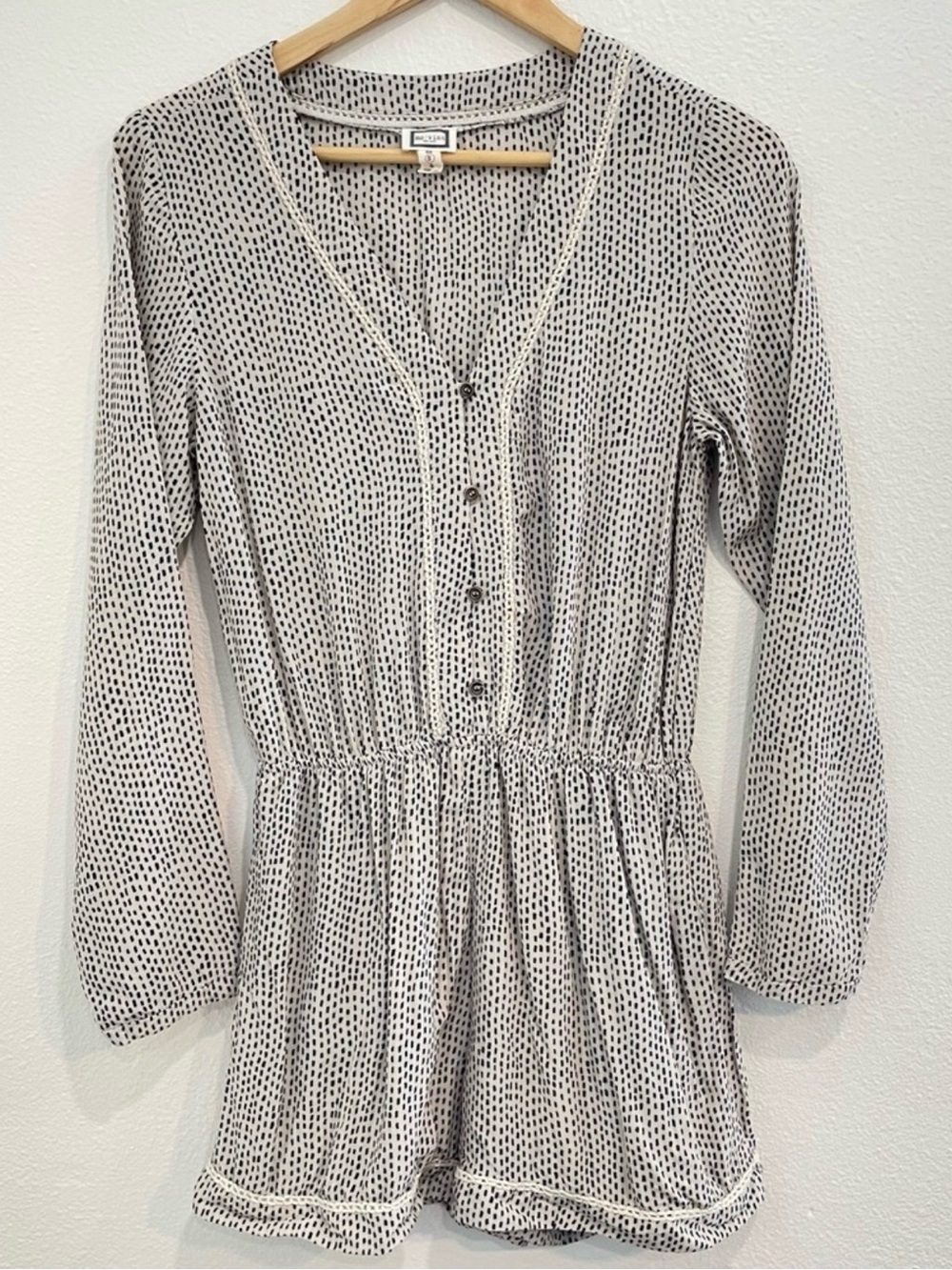 Mo:Vint Anthropologie Black & White Printed Long-Sleeve Romper